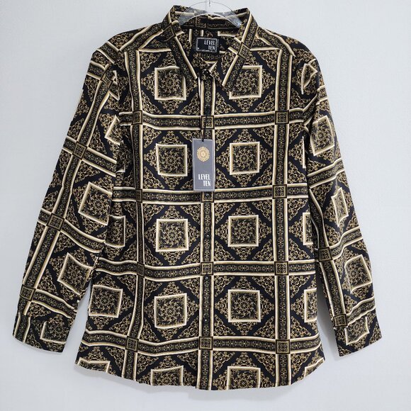 NWT Level Ten Baroque Print Button Down Shirt Size M Black Yellow - Y2K - Picture 1 of 8